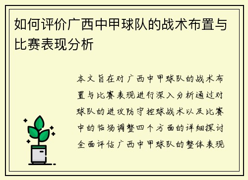 如何评价广西中甲球队的战术布置与比赛表现分析