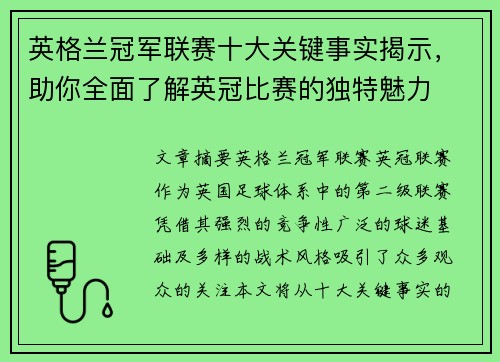 英格兰冠军联赛十大关键事实揭示，助你全面了解英冠比赛的独特魅力